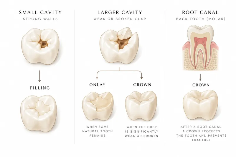 How a dentist decides: a small cavity with strong walls gets a filling, a larger cavity with a weak or broken cusp gets an onlay or a crown, and a back tooth after a root canal gets a crown