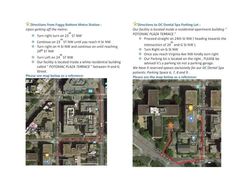 Maps showing the walking route from Foggy Bottom-GWU Metro and the driving route to the DC Dental Spa parking lot